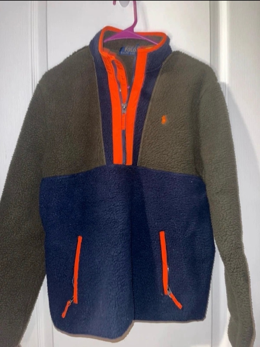 Polo by Ralph Lauren Olive & Navy Sherpa Jacket with Orange Trim